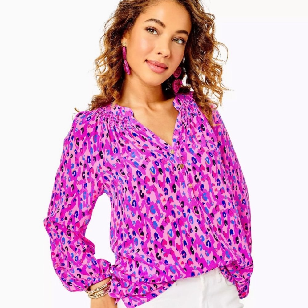 Lilly Pulitzer Elsa Silk Top Wild Fuchsia Spotted in Love Pink Leopard Blouse M